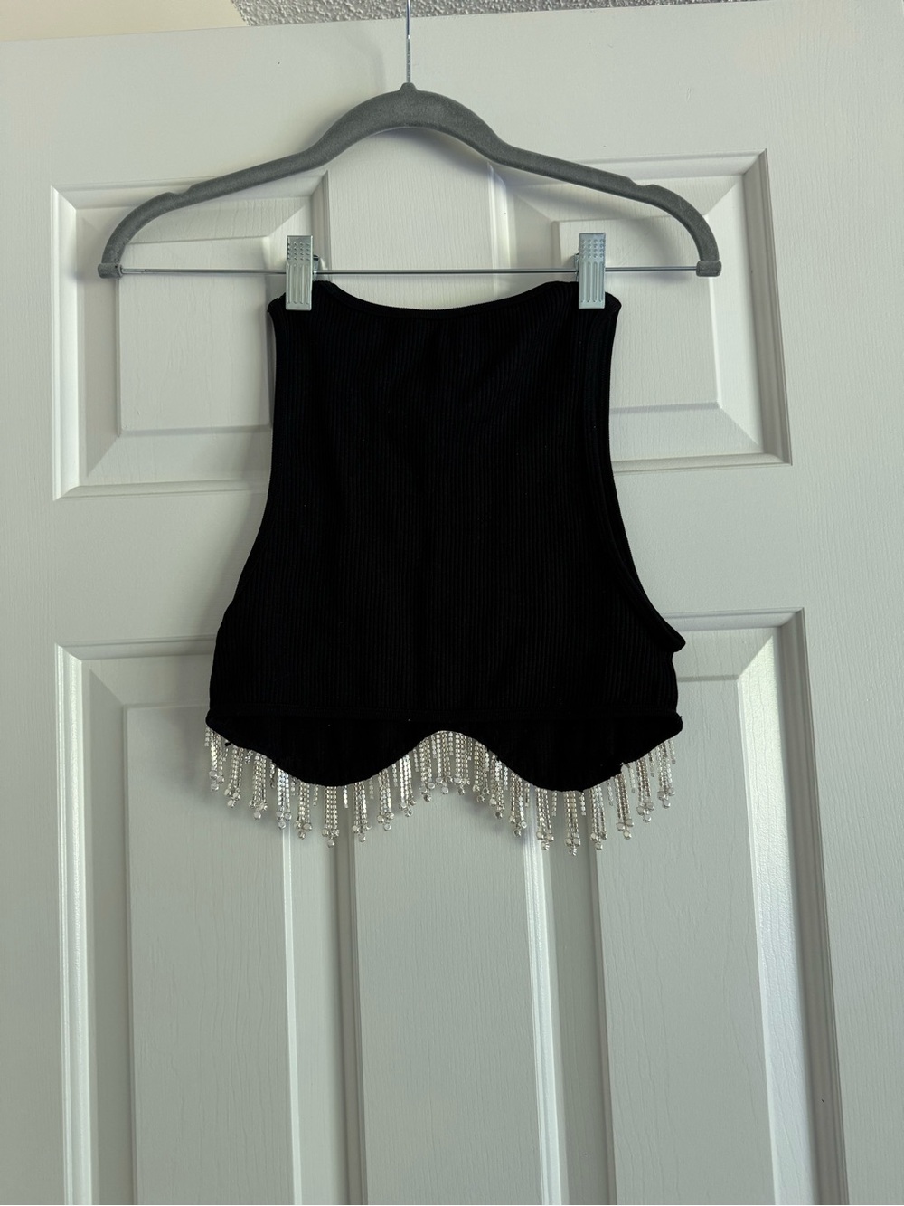 Zara Black Ribbed Crop Top with Silver Beaded Fringe Trim - Picture 6 of 7
